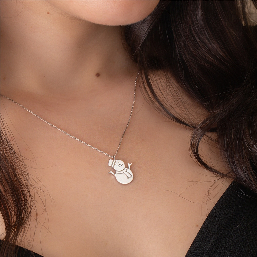 Goldstore-Snowman Necklace 14k 18K Solid Gold, Christmas Theme Snowman Pendant, Engraved Snowperson Necklace, Frosty Xmas Necklace, Gift For Christmas