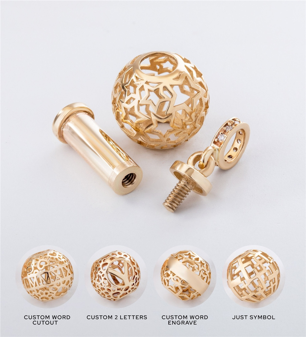 Goldstore-Star Pattern Galaxy Sphere Ball Urn 14K 18K Real Gold Pendant, Personalized Caged Star Cremation Necklace, Custom Name Initial Date Pendant