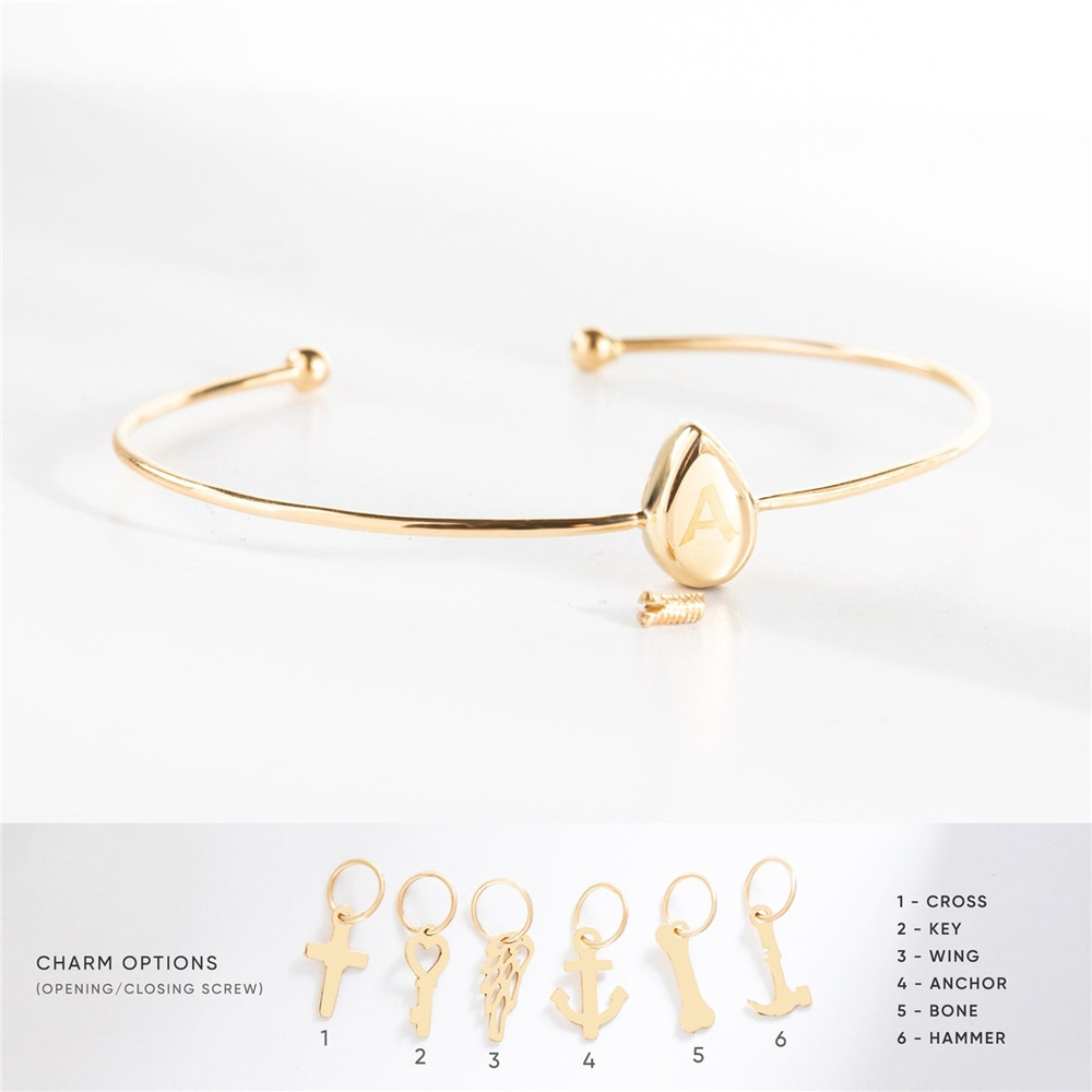 Goldstore-Tear Drop Urn Bangle 14K 18K Solid Gold, Dainty Personalize Letter Engrave Memorial Keepsake Teardrop Bangle, Custom Water Blob Urn Bracelet