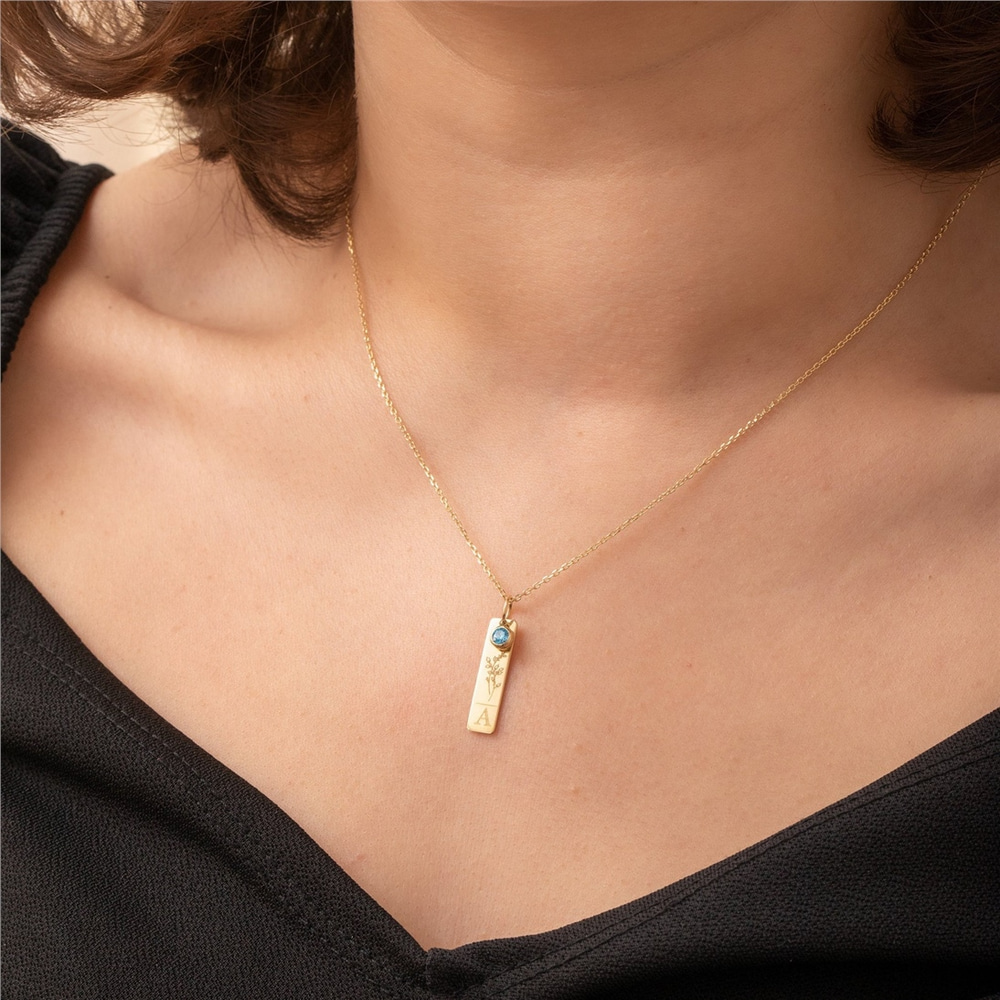Goldstore-Tiny Bar Tag Pendant Necklace 14K 18K Solid Gold, Personalized Cz Birthstone Vertical Bar Necklace, Custom Engraved Names Letters Dates Bar