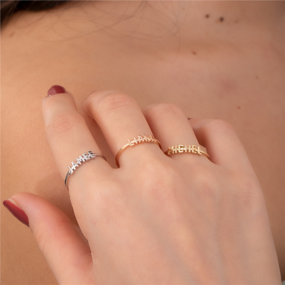 Goldstore-Tiny Name Ring in 14K 18K Solid Gold, Personalized Stackable Ring, Stacked Name Ring, Custom Message Word Name Letter Gold Ring Gift For Her
