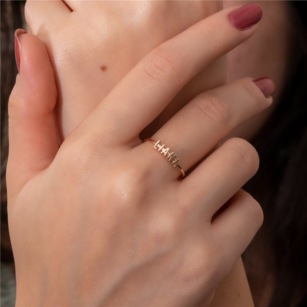Goldstore-Tiny Name Ring in 14K 18K Solid Gold, Personalized Stackable Ring, Stacked Name Ring, Custom Message Word Name Letter Gold Ring Gift For Her