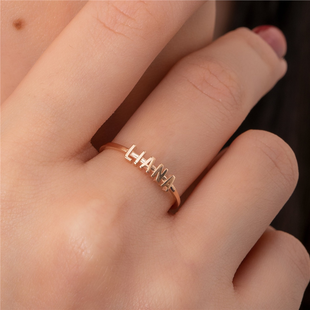Goldstore-Tiny Name Ring in 14K 18K Solid Gold, Personalized Stackable Ring, Stacked Name Ring, Custom Message Word Name Letter Gold Ring Gift For Her