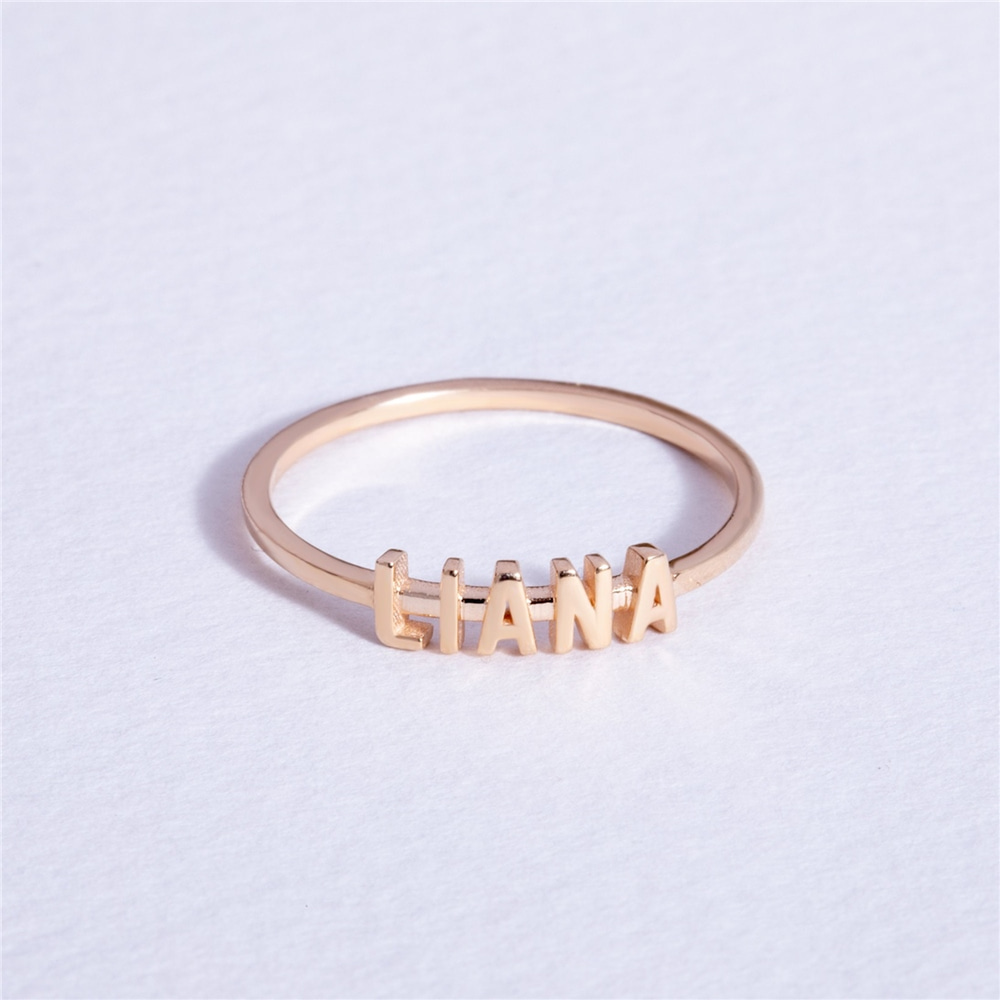 Goldstore-Tiny Name Ring in 14K 18K Solid Gold, Personalized Stackable Ring, Stacked Name Ring, Custom Message Word Name Letter Gold Ring Gift For Her