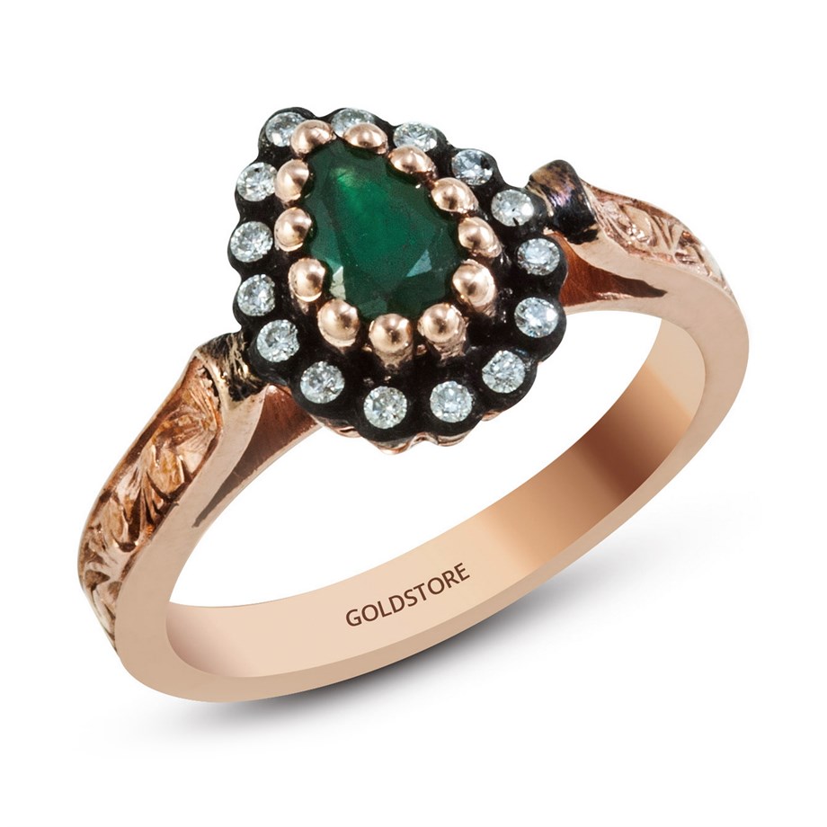 Goldstore-URL 0.1 ct. Pırlanta Zümrüt Anturaj Yüzük