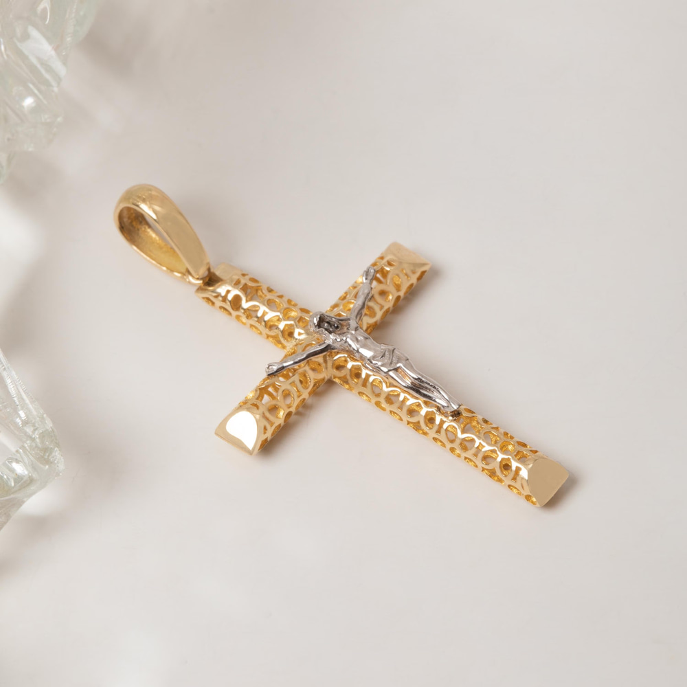İki Tonlu İşlemeli Haç Altın Kolye - Goldstore