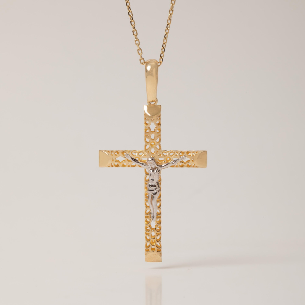 İki Tonlu İşlemeli Haç Altın Kolye - Goldstore