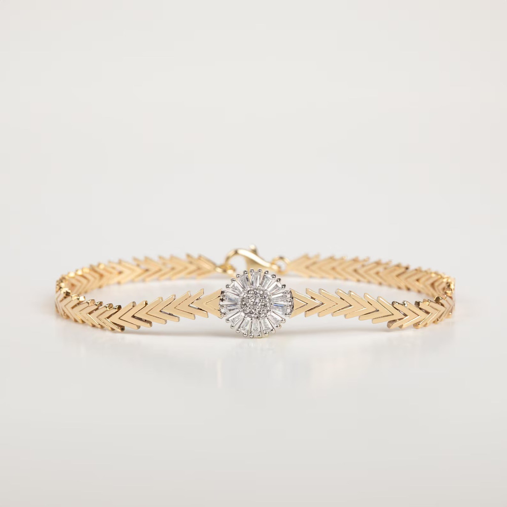 Işıltılı V Zincirli Baget Taşlı Altın Bileklik - Goldstore