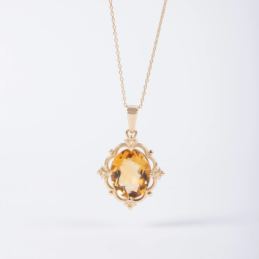 Sitrin Taşlı Çiçek Desenli Altın Kolye - Goldstore