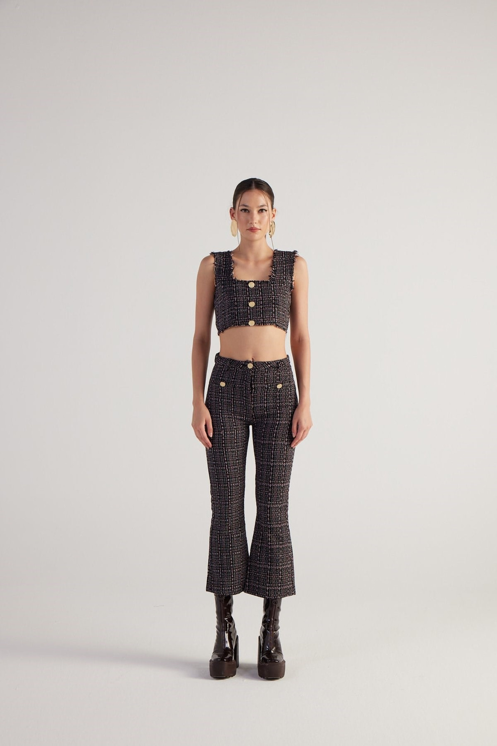 İspanyol Kesim Tüvit Tweed Pantolon Siyah
