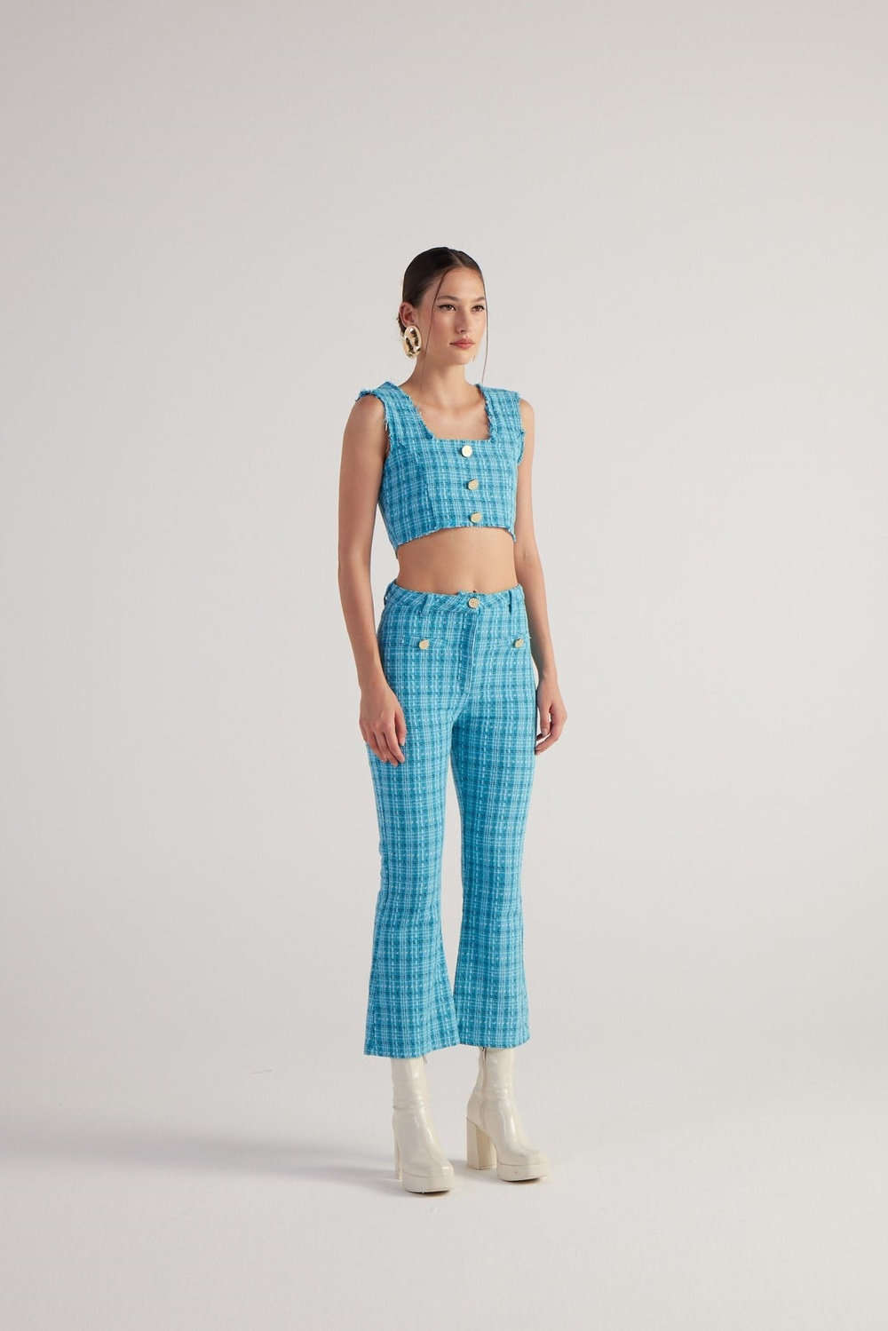İspanyol Kesim Tüvit Tweed Pantolon Mavi