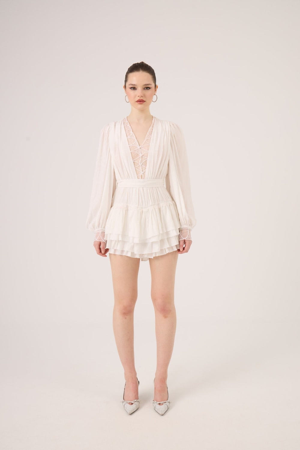 Olanna Dress with Lace Details and Ruffles, White