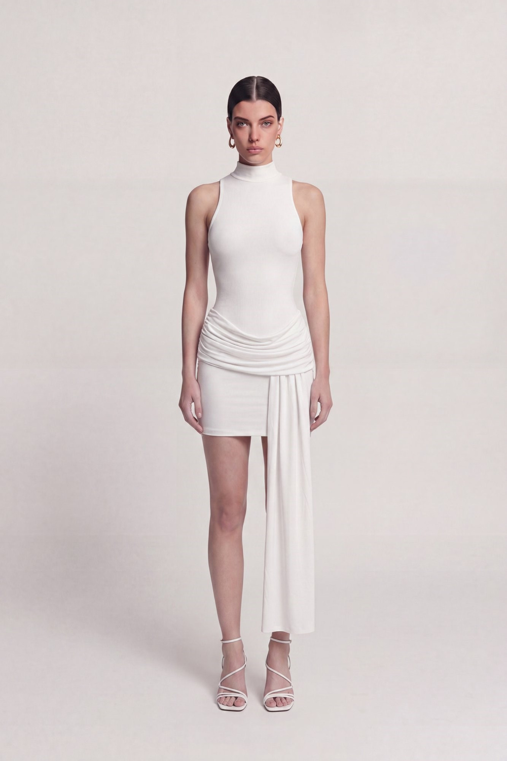 Open-Back Draped Mini Daisy Dress, White