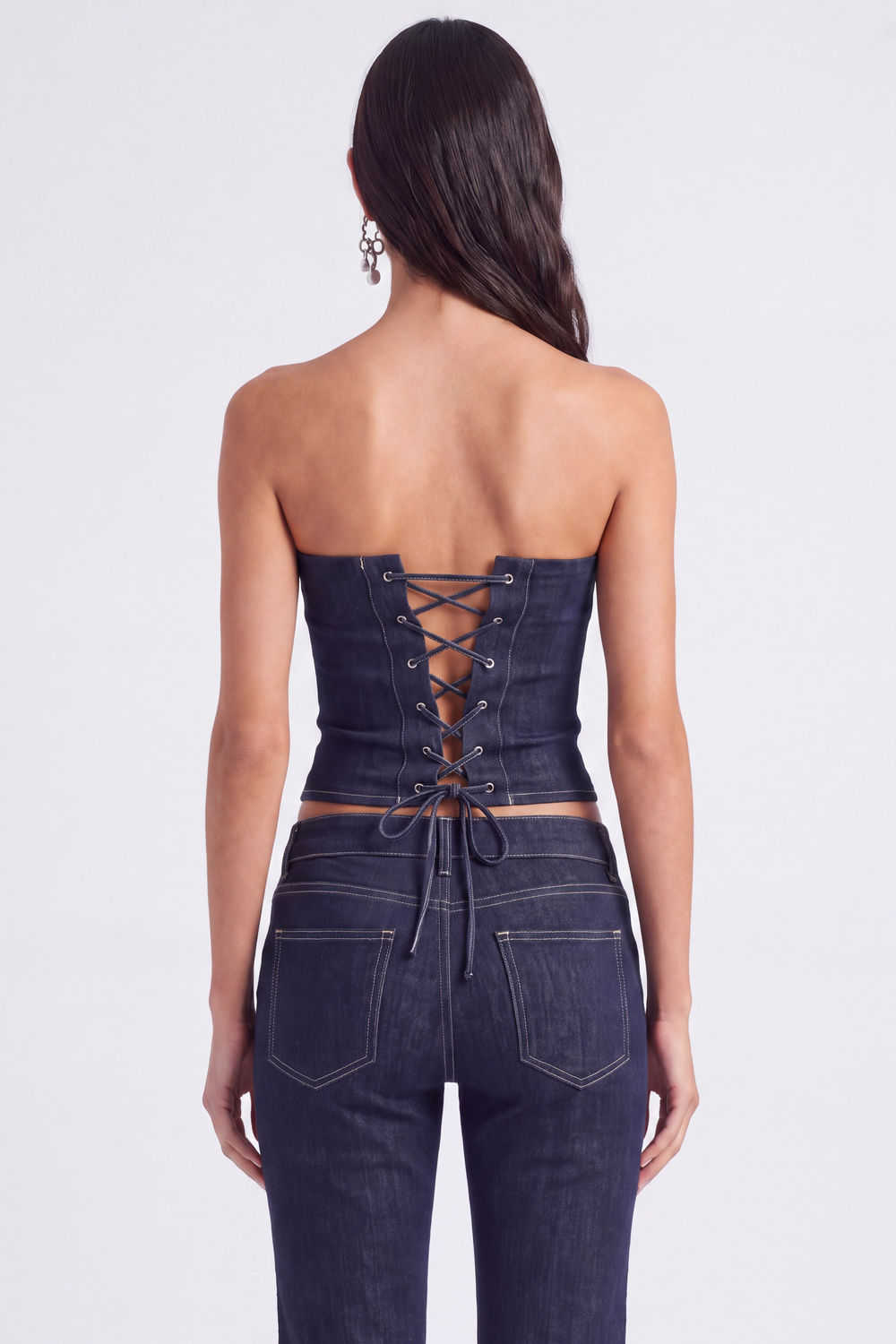 Çiçek Detaylı Straplez Kesim Clover Jean Büstiyer Lacivert