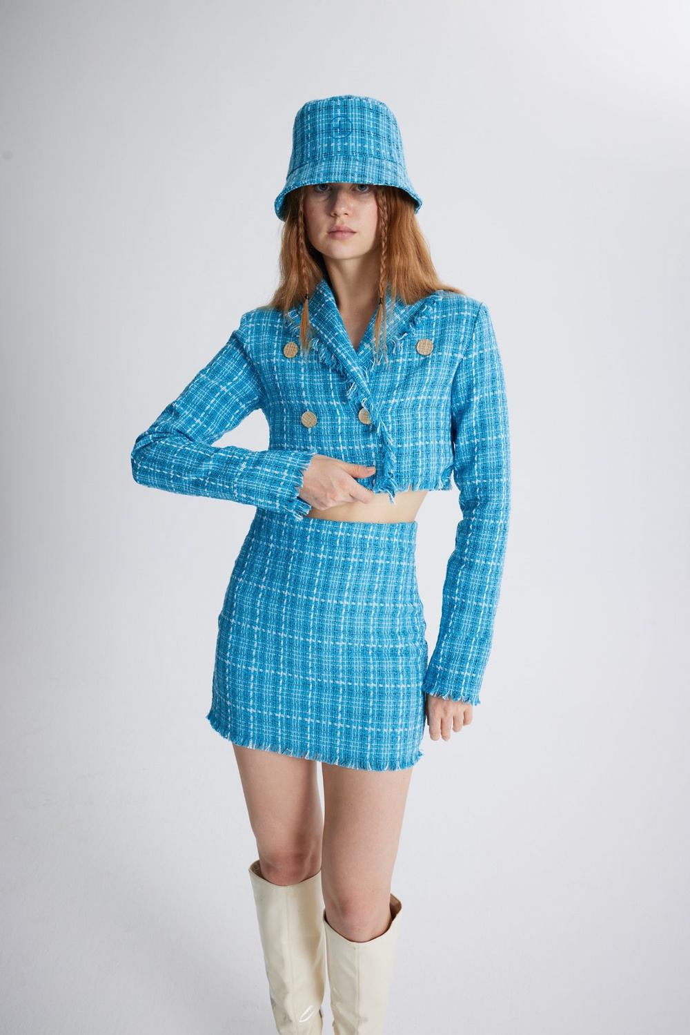 Tüvit Kumaş Crop Tweed Ceket Mavi