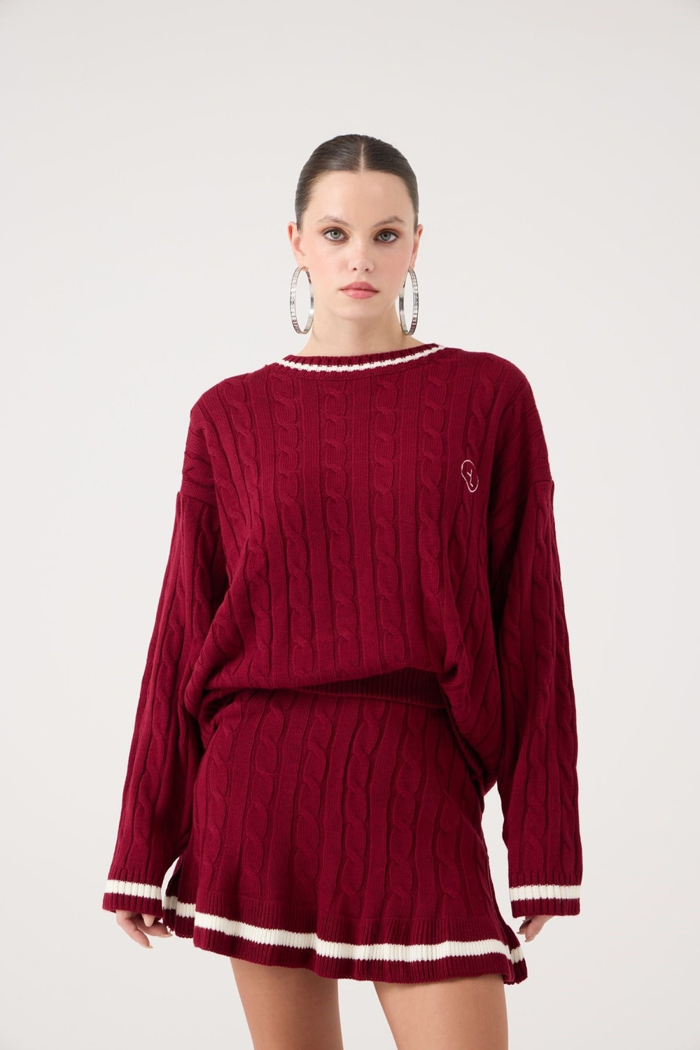 Logolu Örgü Desenli Oversize Triko Harold Kazak Bordo