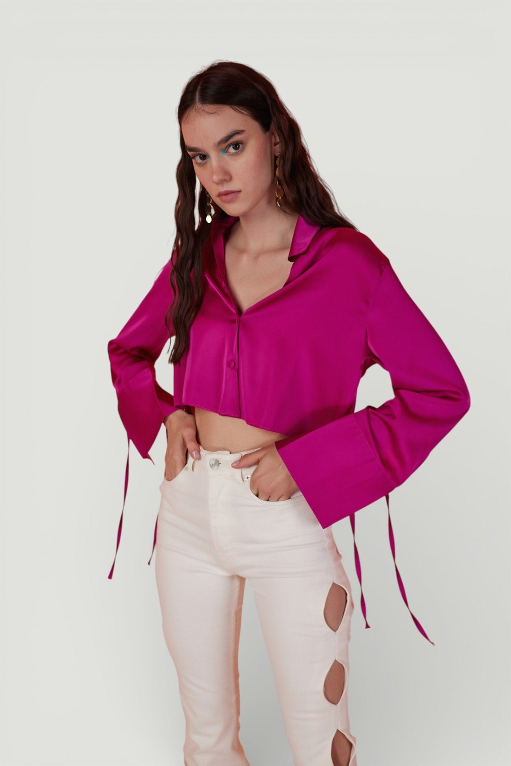 Özel Dokulu Saten Crop Silky Gömlek Pembe
