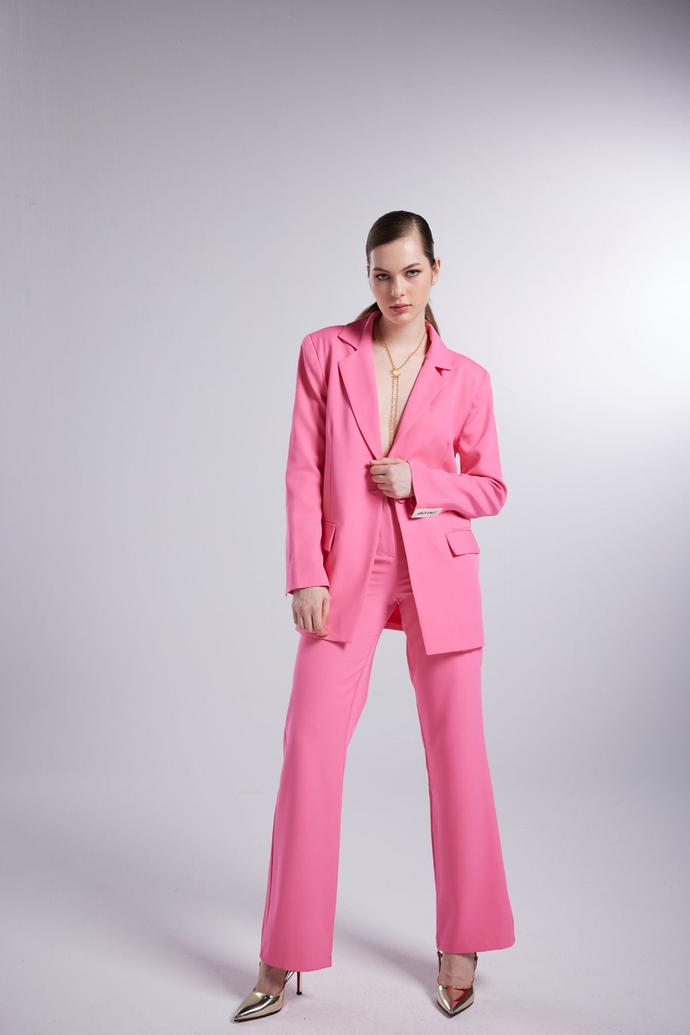 Yüksek Bel Düğme Kapamalı Panky Pantolon Pembe