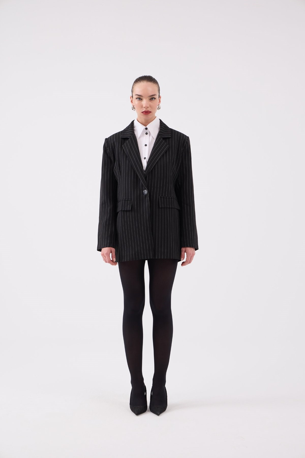 Oversize Kesim Çizgili Strip Blazer Ceket Siyah