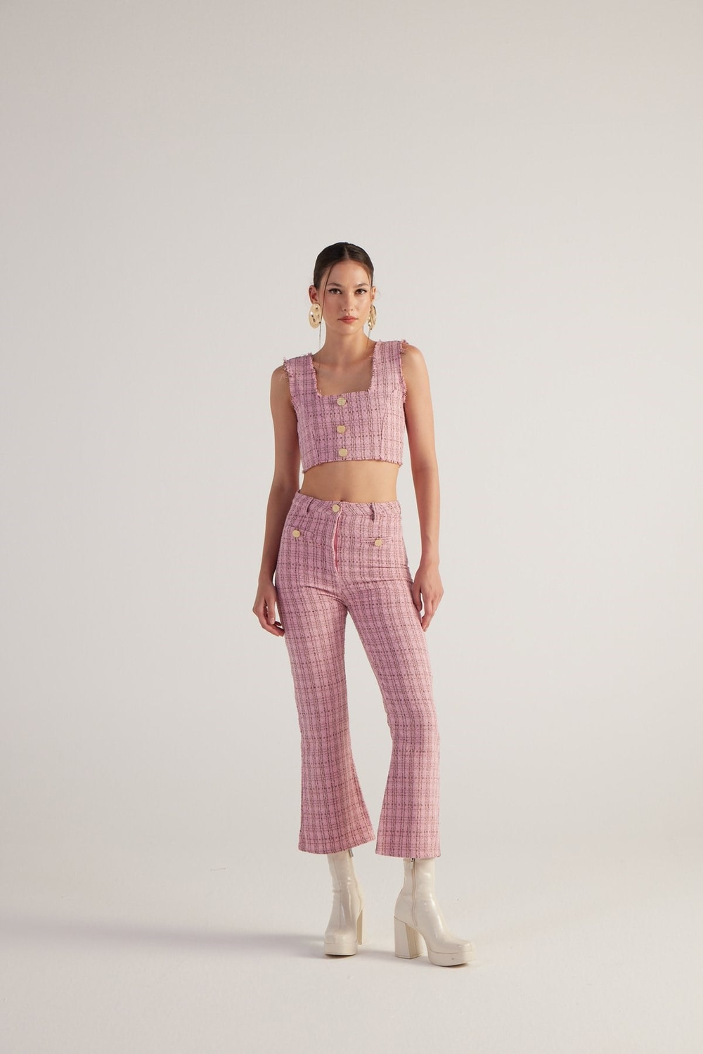 İspanyol Kesim Tüvit Tweed Pantolon Pembe