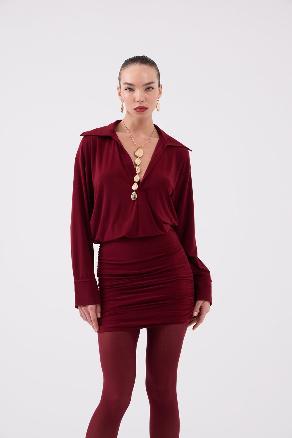 Jaida Dress with Gathered Hem and Shirt Collar, Burgundy