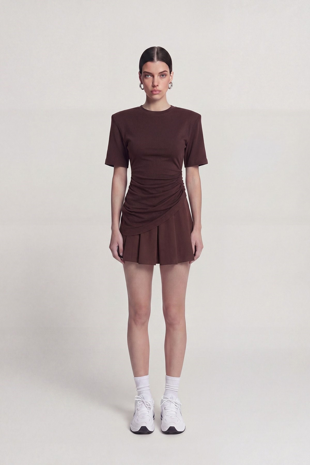 Demie T-Shirt with Gathered Detail and Padded Shoulders, Coffee