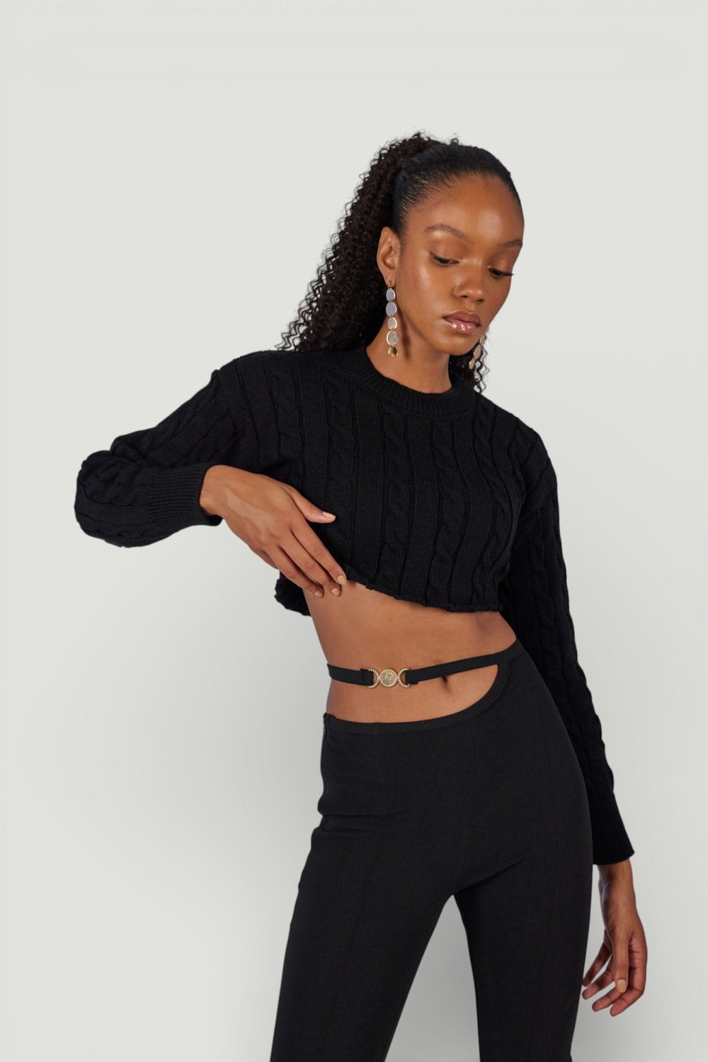 Crop Model Bisiklet Yaka Örgü Merit Kazak Siyah