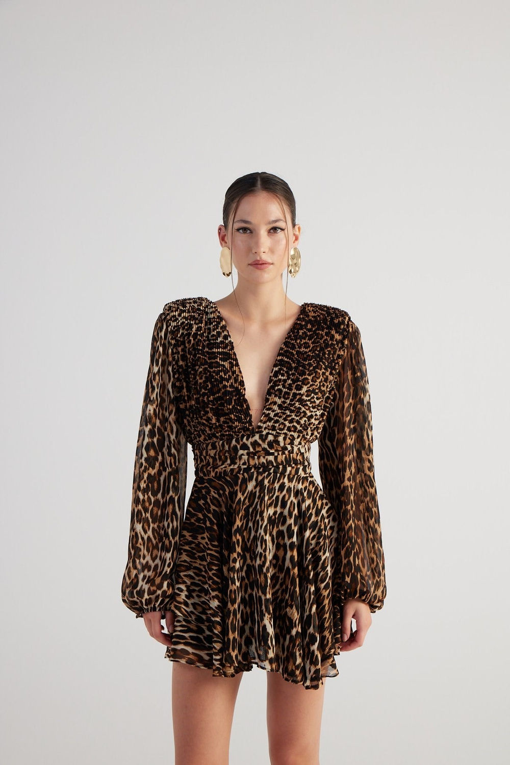 Leopar Desenli V Yaka Mini Janet Elbise Kahve