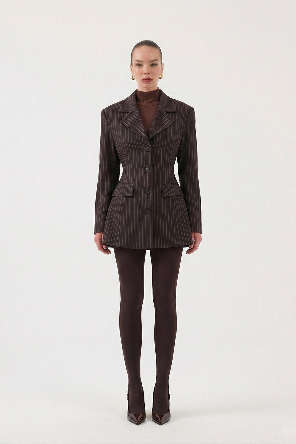 Belden Oturmalı Çizgili Fit Kesim Karen Blazer Ceket Kahve