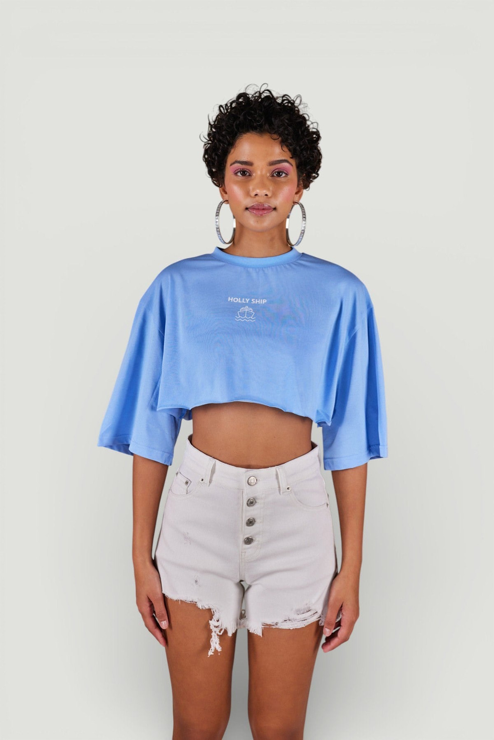 Bisiklet Yaka Holly Crop Tshirt Mavi