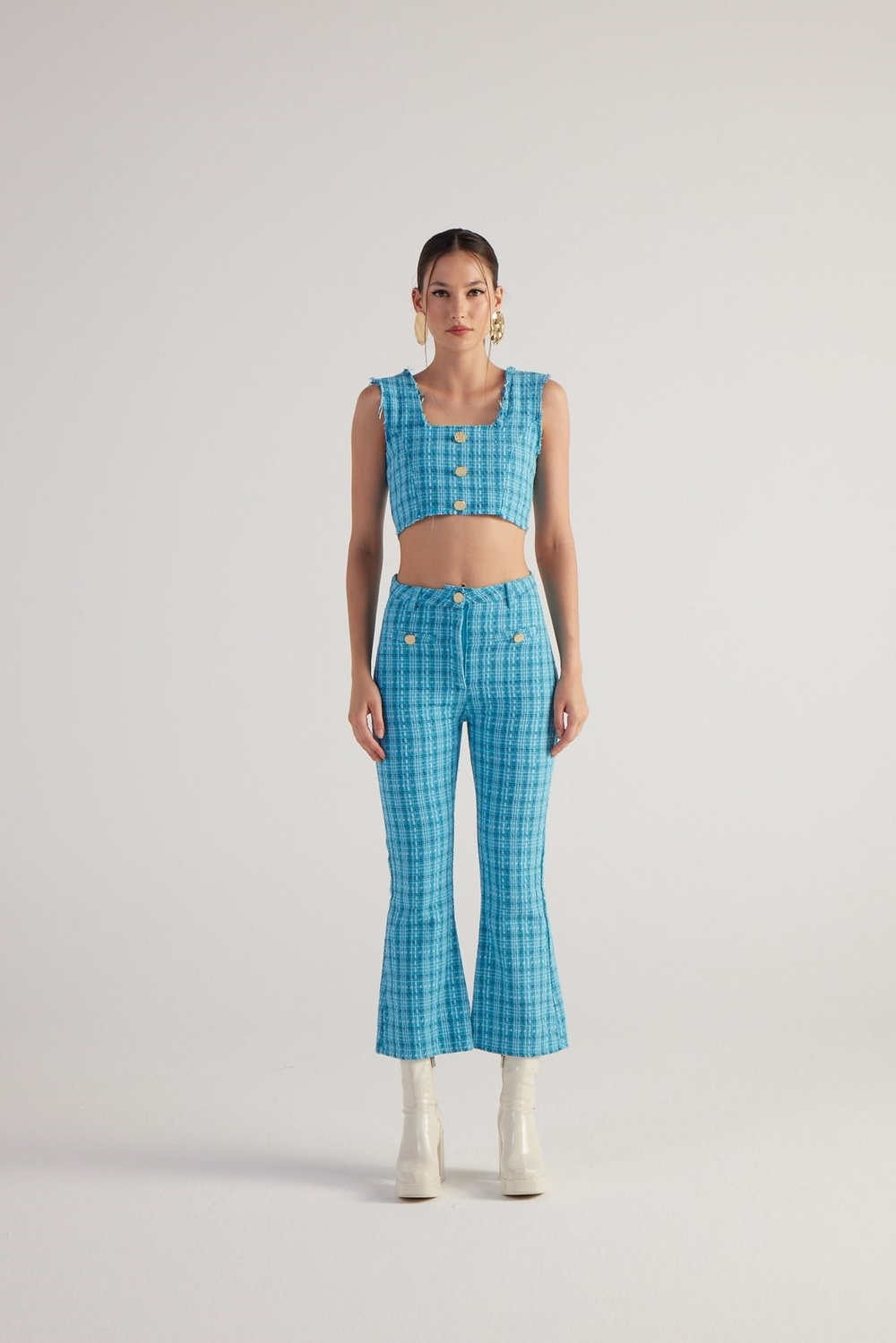 İspanyol Kesim Tüvit Tweed Pantolon Mavi