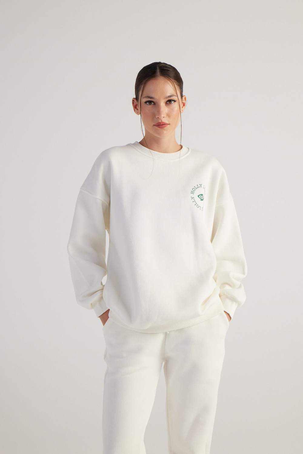 3 İplik Şardonlu Uzun Kol Bisiklet Yaka Fine Sweatshirt Ekru