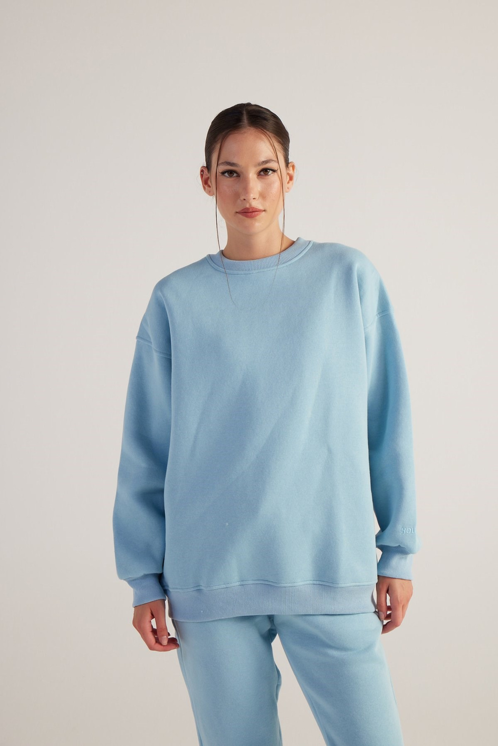 Kadın Mavi Oversize Şardonlu Yazı Baskılı Fluffy Sweatshirt