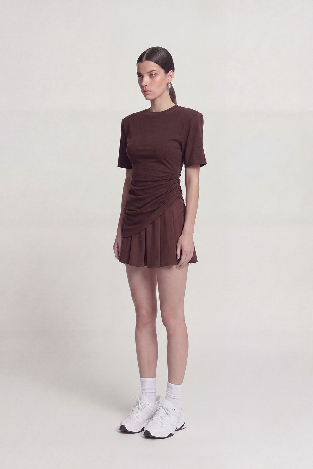 Demie T-Shirt with Gathered Detail and Padded Shoulders, Coffee
