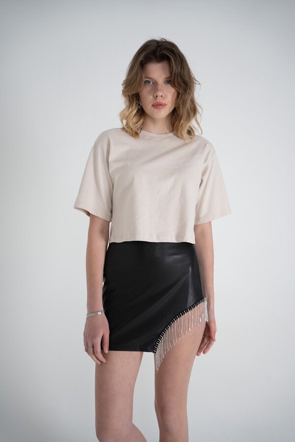 Kısa Kol Bisiklet Yaka Basic Viole Tshirt Bej