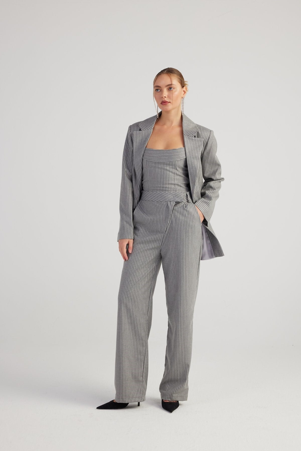 Oversize Kesim Simli Çizgili Eden Blazer Ceket Gri