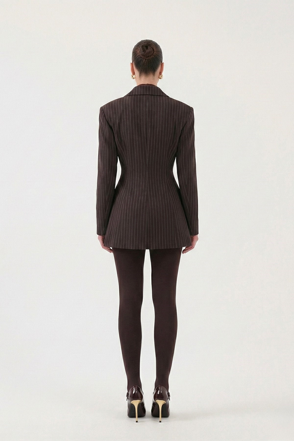 Belden Oturmalı Çizgili Fit Kesim Karen Blazer Ceket Kahve