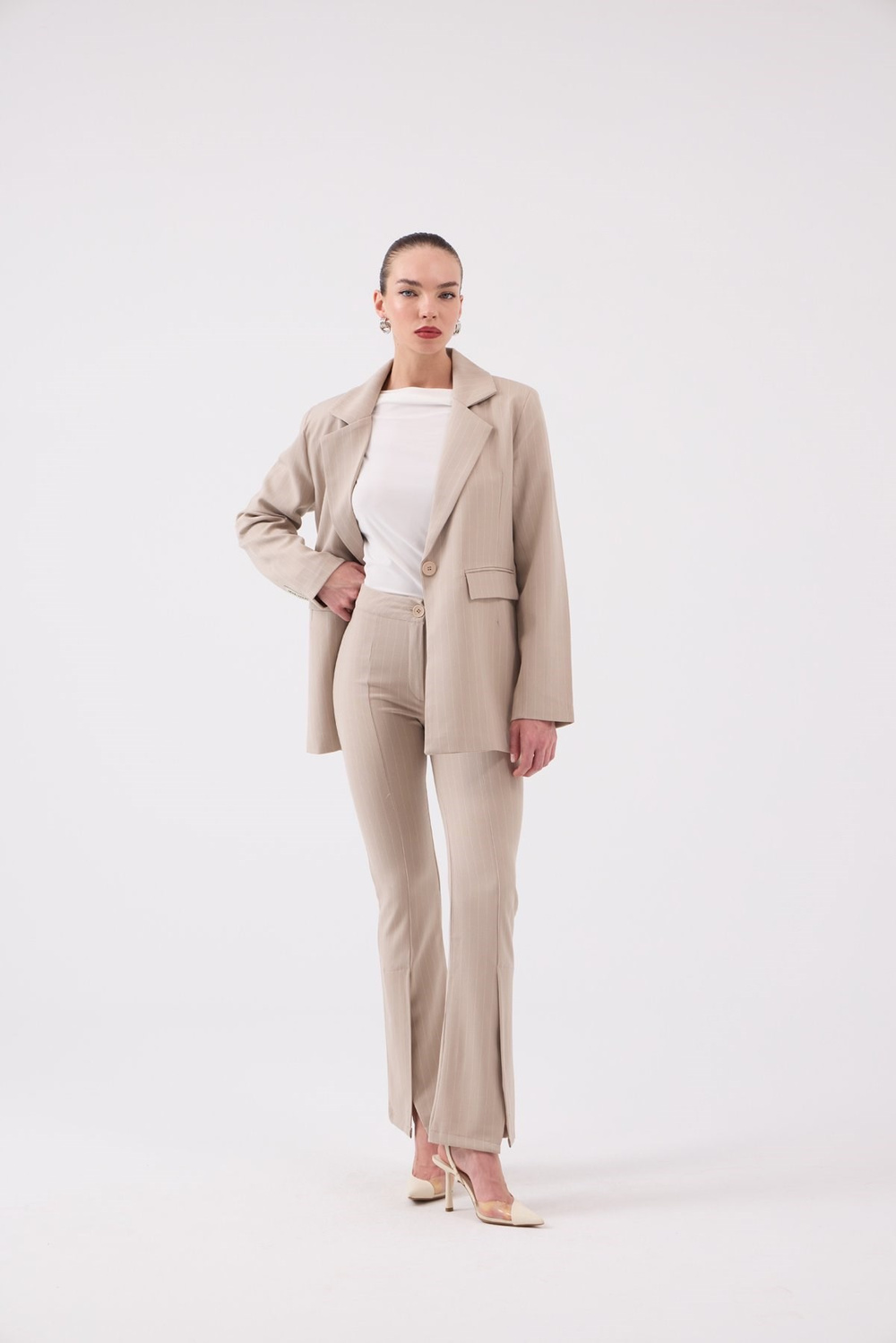 Vatkalı Astarlı Blazer Striped Blazer Ceket Bej