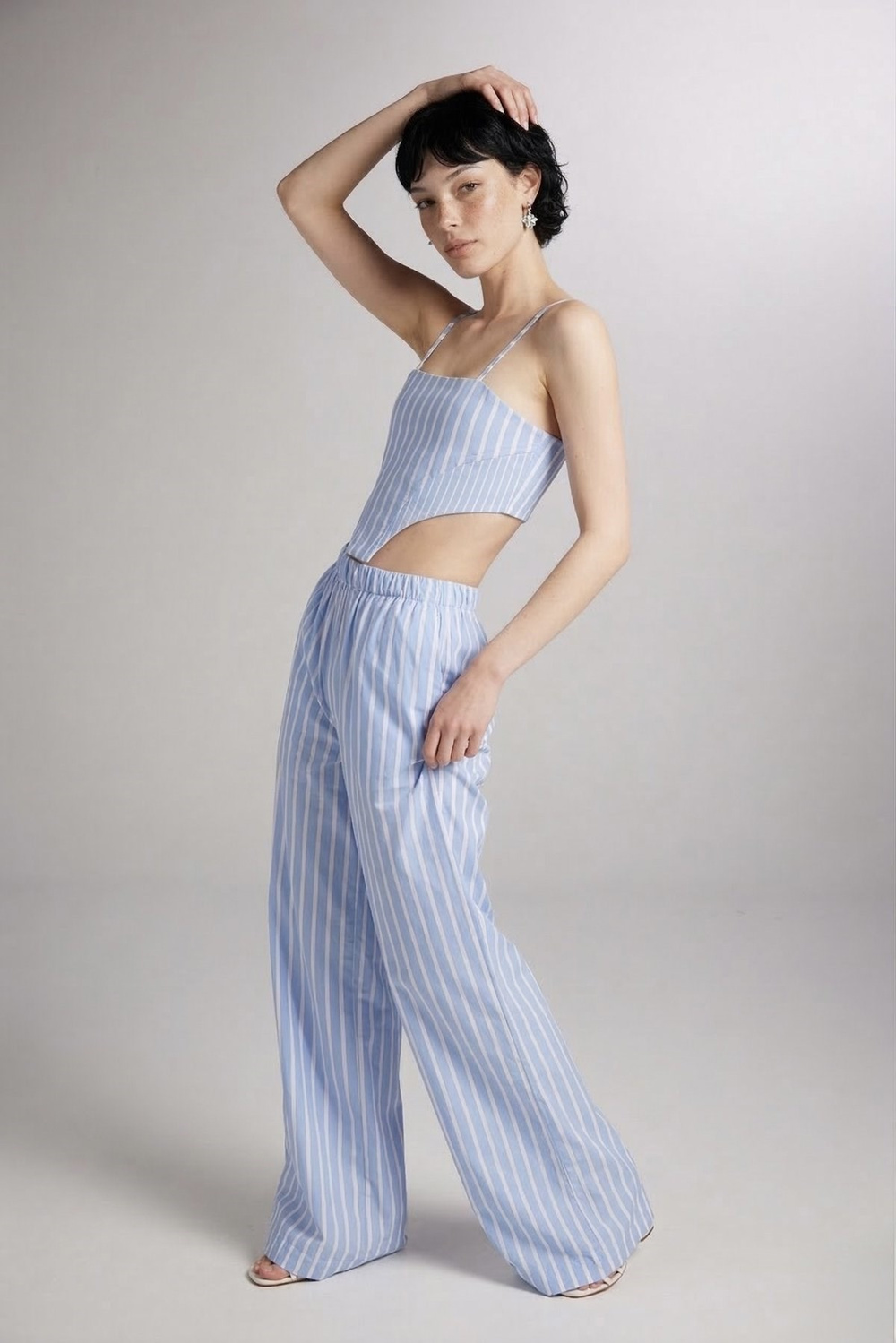 Askılı Çizgili Harmony Poplin Büstiyer Mavi
