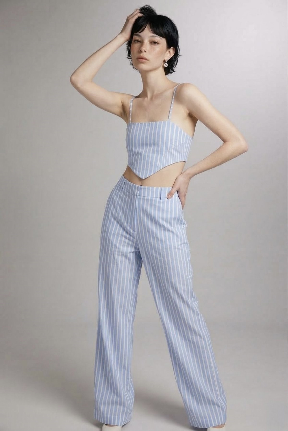 Askılı Çizgili Harmony Poplin Büstiyer Mavi