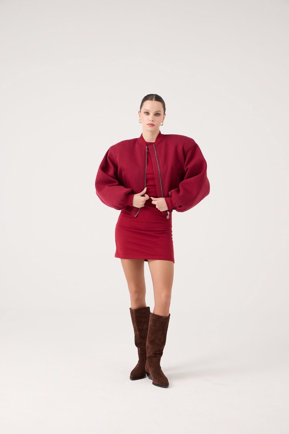 Crop Kesim Vatkalı Parker Bomber Ceket Bordo