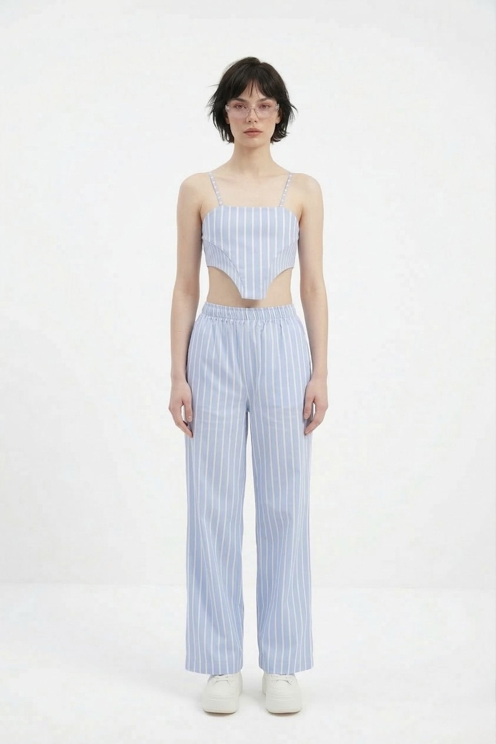 Beli Lastikli Çizgili Harmony Poplin Pantolon Mavi