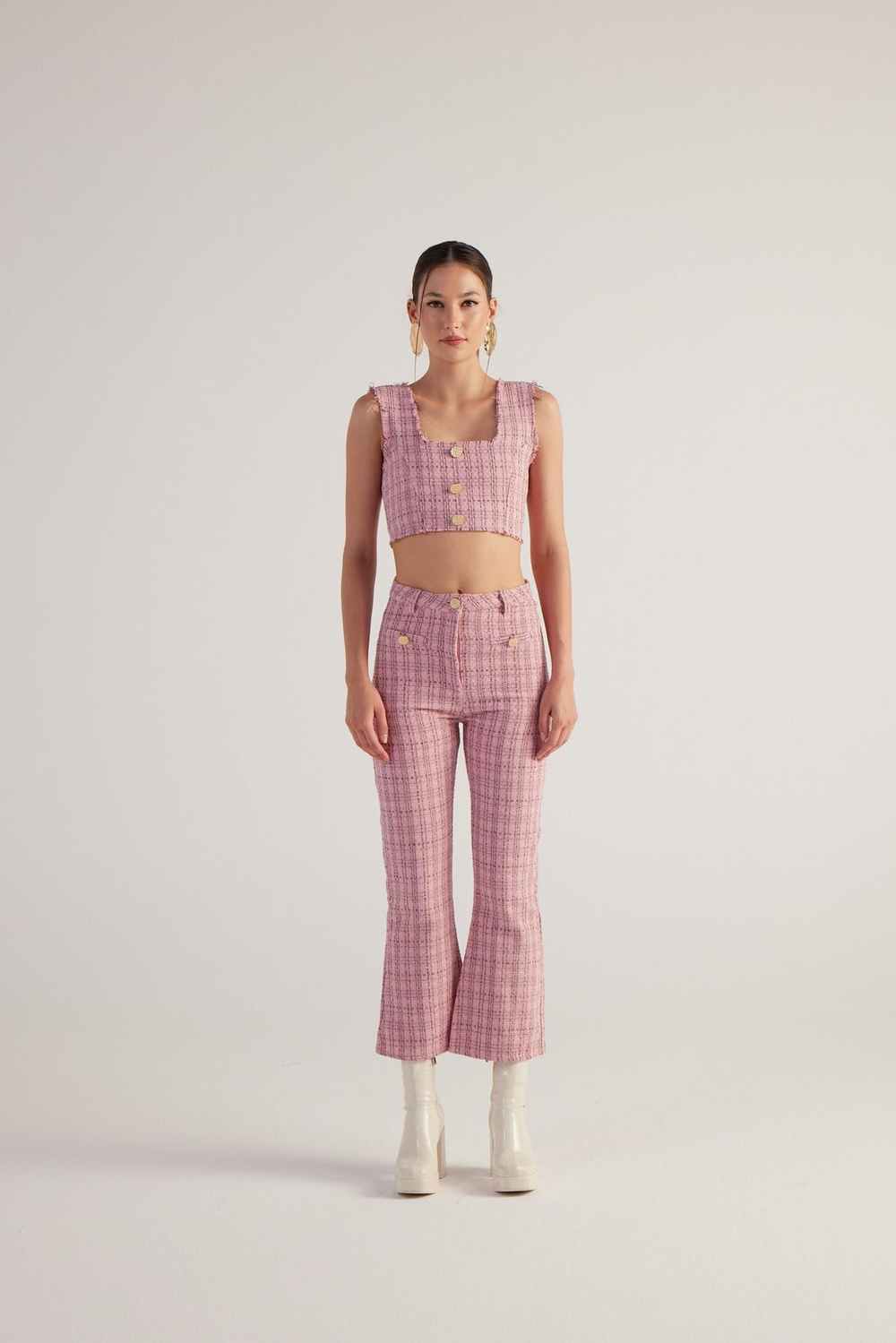 İspanyol Kesim Tüvit Tweed Pantolon Pembe