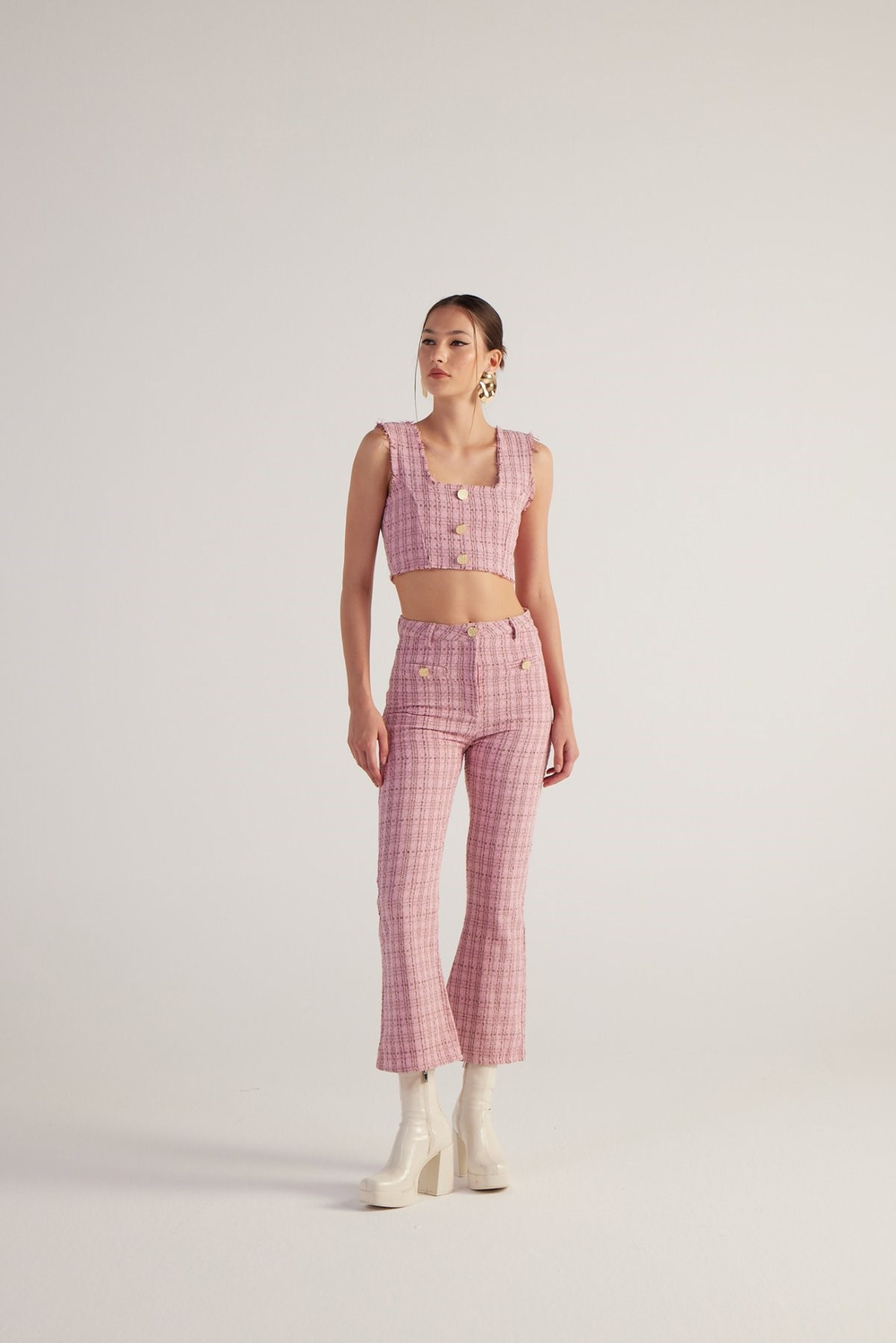İspanyol Kesim Tüvit Tweed Pantolon Pembe