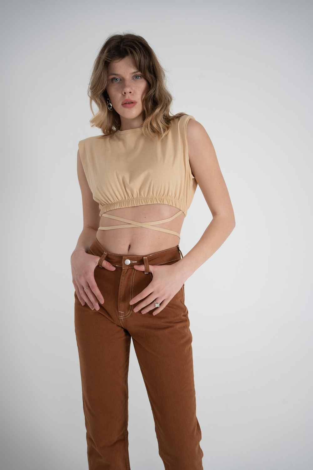 Bel Bağlamalı Crop Candy Tshirt Bej