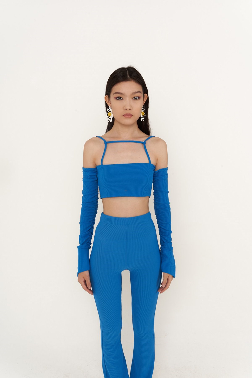 Crop Model Askılı Uzun Kol Molly Bluz Mavi