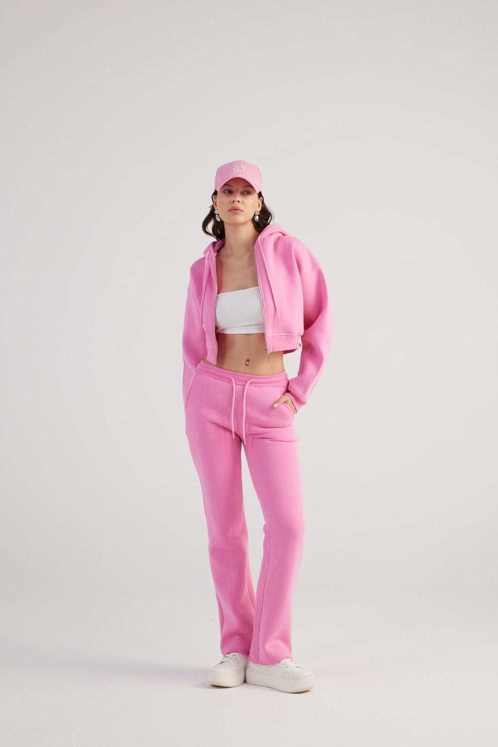 Kadın Pembe Yüksek Bel Straight Kesim Şardonlu Mixed Eşofman Altı