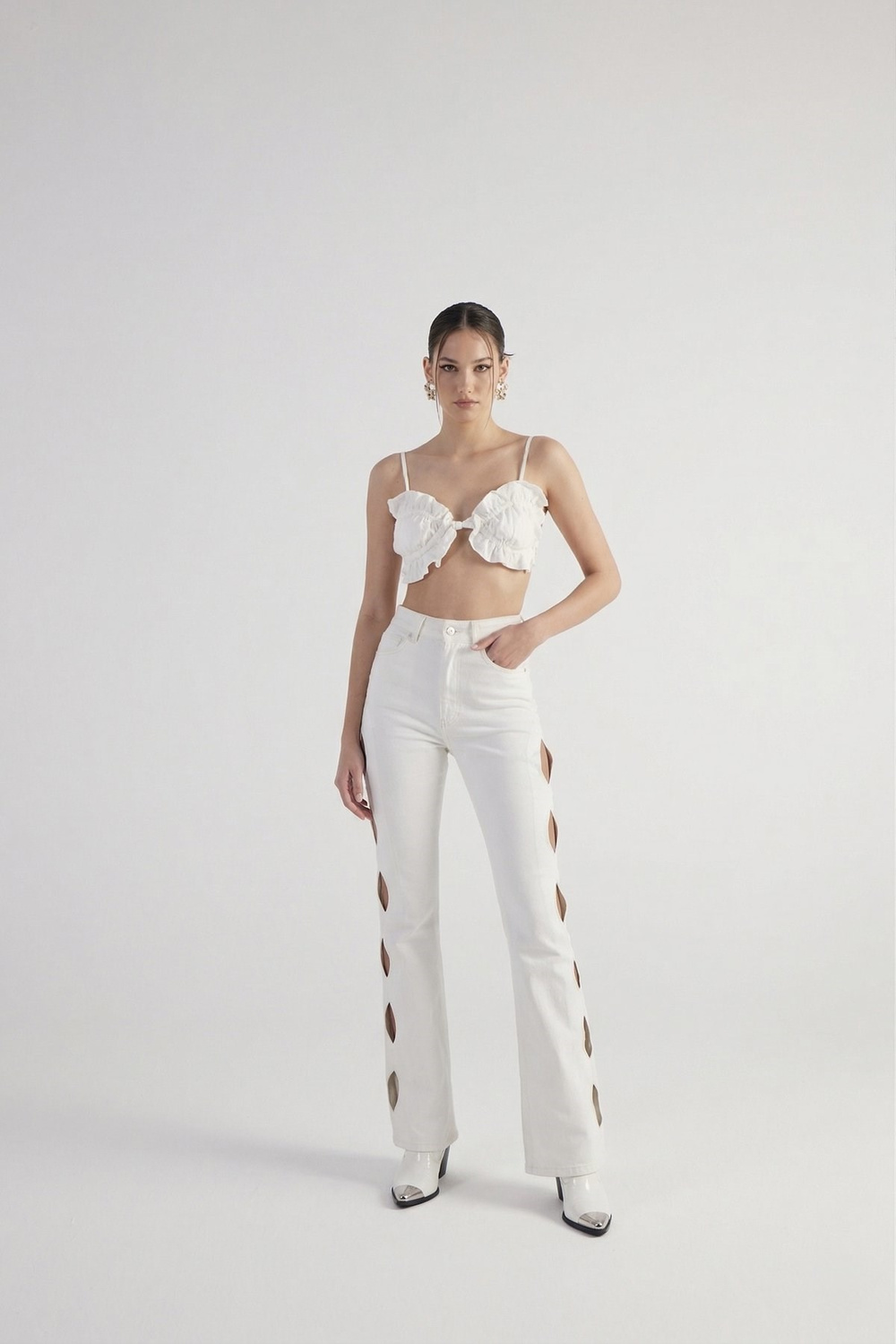 Cutout Jean Pantolon Beyaz