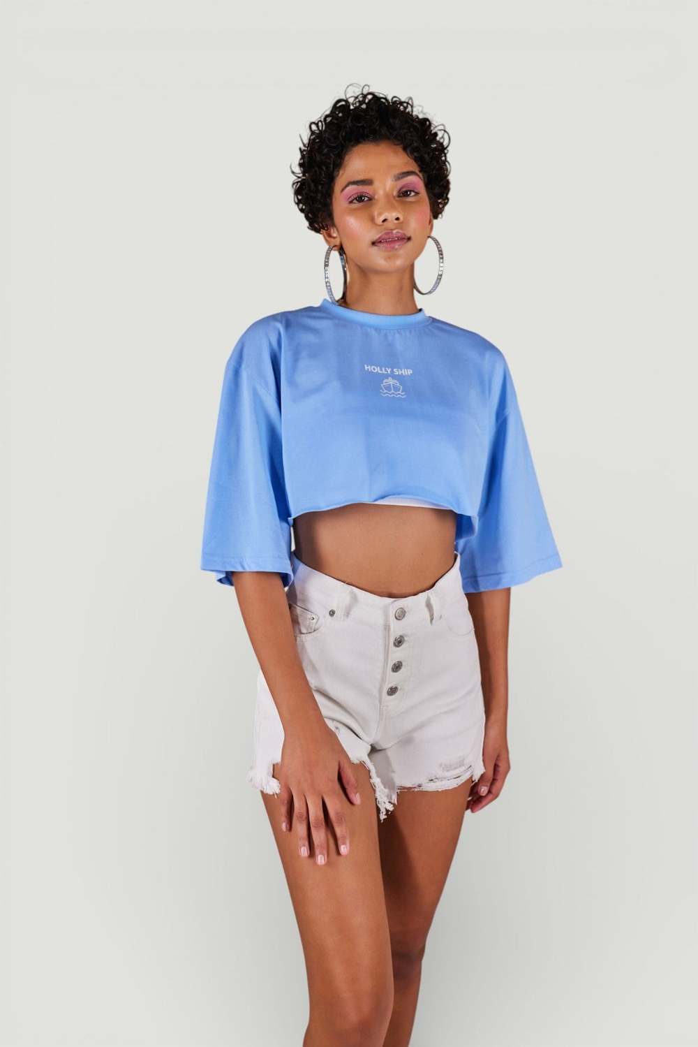 Bisiklet Yaka Holly Crop Tshirt Mavi