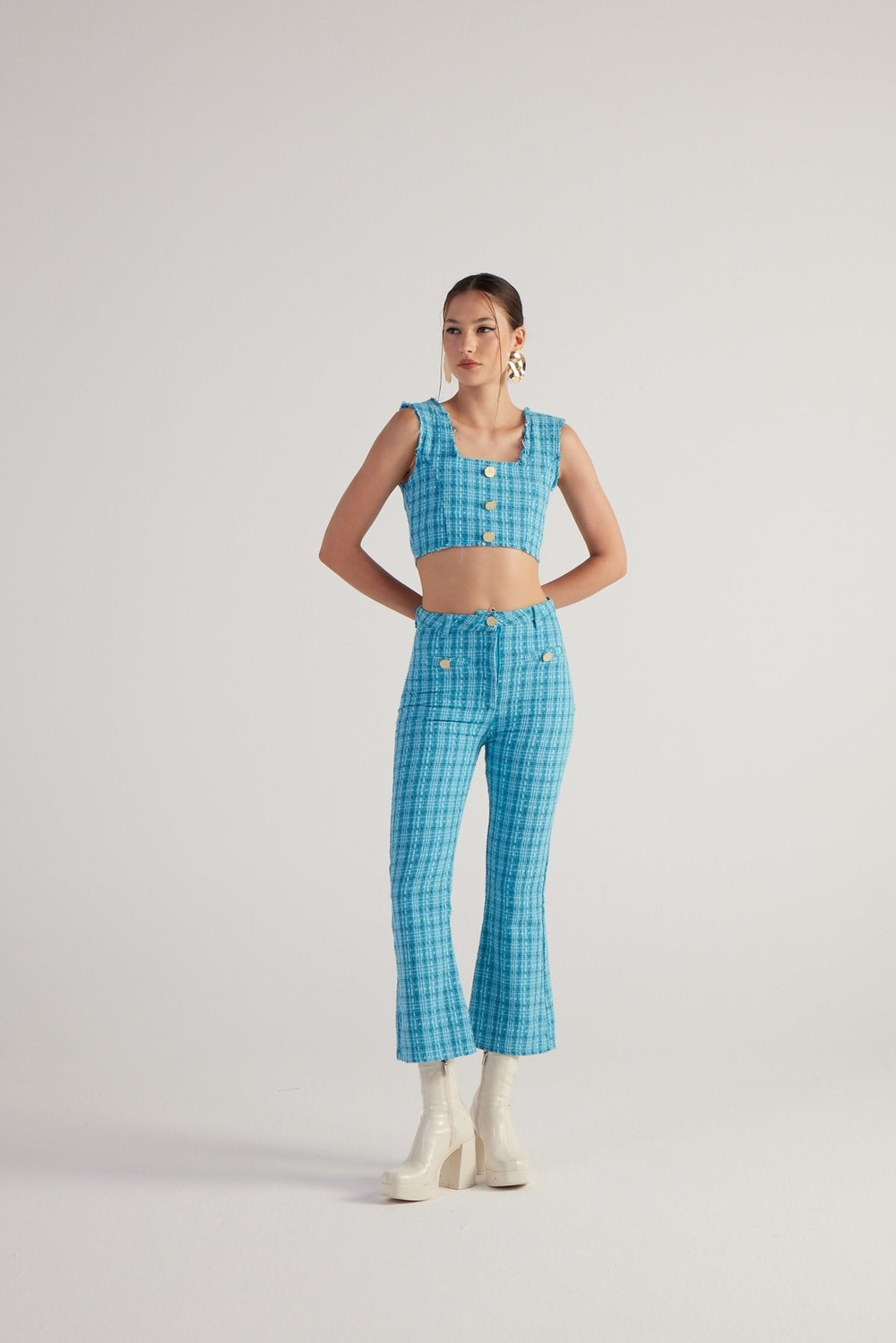 İspanyol Kesim Tüvit Tweed Pantolon Mavi